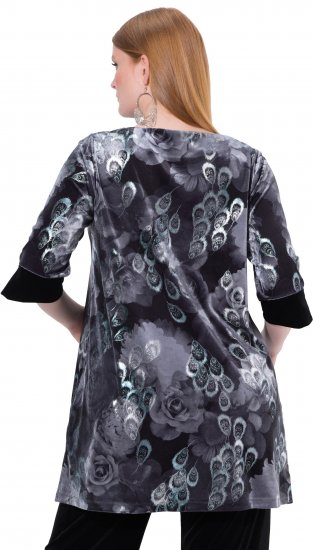 Ulla Popken Velvet Peacock Feather 3/4 Sleeve Tunic Blouse Black - Тениски - 