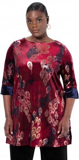 Ulla Popken Velvet Peacock Feather 3/4 Sleeve Tunic Blouse Wine Red - Тениски - 