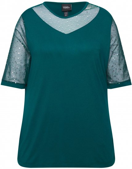 Ulla Popken Sequined Mesh Sleeve Blouse Dark Green - Тениски - 