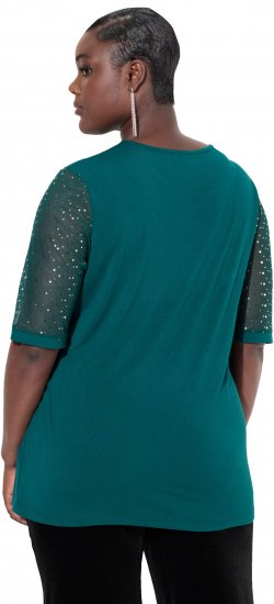 Ulla Popken Sequined Mesh Sleeve Blouse Dark Green - Тениски - 
