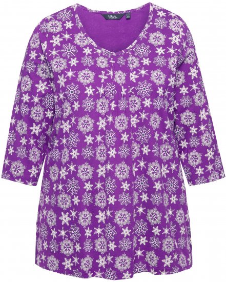 Ulla Popken Snowflake Print 3/4 Sleeve A-Line Tee Dark Purple - Печатни тениски за жени - 