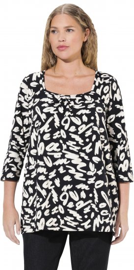 Ulla Popken Scribble Print Square Neck 3/4 Sleeve Tee Black - Печатни тениски за жени - 