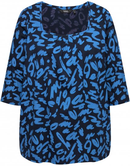 Ulla Popken Scribble Print Square Neck 3/4 Sleeve Tee Navy - Печатни тениски за жени - 