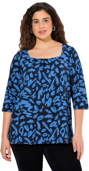 Ulla Popken Scribble Print Square Neck 3/4 Sleeve Tee Navy - Печатни тениски за жени - 