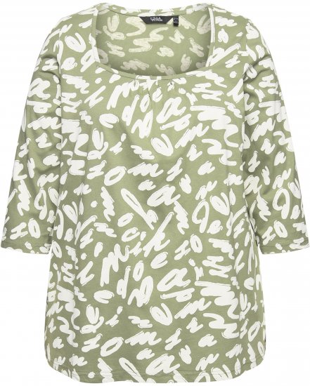 Ulla Popken Scribble Print Square Neck 3/4 Sleeve Tee Sage Green - Печатни тениски за жени - 