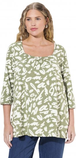 Ulla Popken Scribble Print Square Neck 3/4 Sleeve Tee Sage Green - Печатни тениски за жени - 