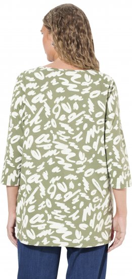 Ulla Popken Scribble Print Square Neck 3/4 Sleeve Tee Sage Green - Печатни тениски за жени - 