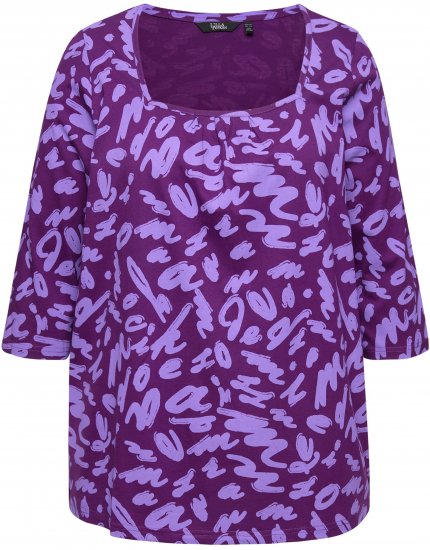 Ulla Popken Scribble Print Square Neck 3/4 Sleeve Tee Violet - Печатни тениски за жени - 