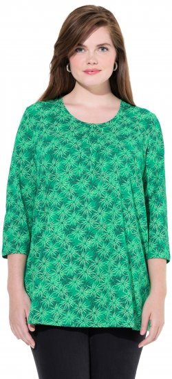 Ulla Popken Graphic Flower A-Line 3/4 Sleeve Tee Moss Green - Тениски - 