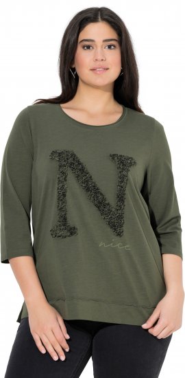Ulla Popken Textured Lettering 3/4 Sleeve Tee Olive - Печатни тениски за жени - 