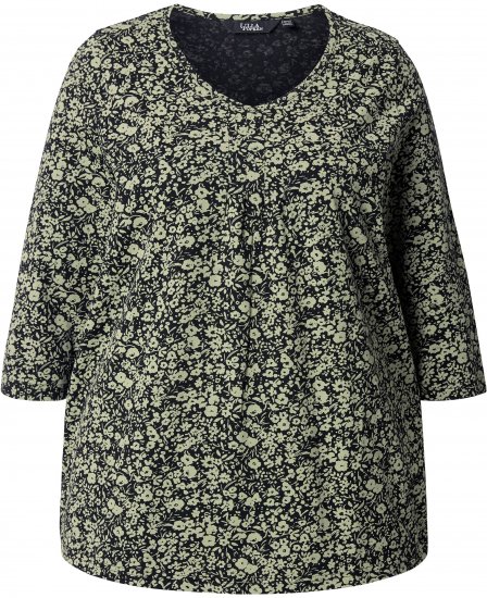 Ulla Popken Pleated Floral Print 3/4 Sleeve Tee Pond Green - Печатни тениски за жени - 