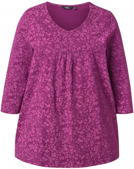 Ulla Popken Pleated Floral Print 3/4 Sleeve Tee Raspberry - Печатни тениски за жени - 