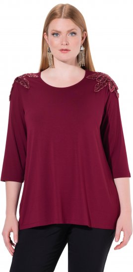 Ulla Popken Flower Epaulet 3/4 Sleeve Top Dark Cherry Red - Печатни тениски за жени - 