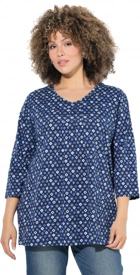 Ulla Popken Graphic Print Pleated 3/4 Sleeve Tee Blue - Тениски - 