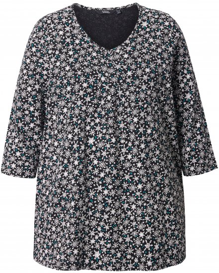 Ulla Popken Snowflake Print 3/4 Sleeve Tee Black - Тениски - 