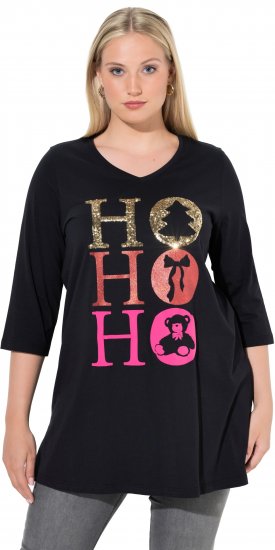 Ulla Popken Ho Ho Ho 3/4 Sleeve Graphic Tunic Tee Black - Тениски - 