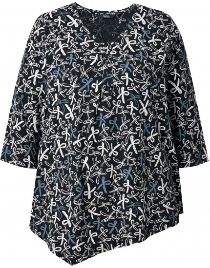 Ulla Popken Ribbon Print 3/4 Sleeve Asymmetric Tee Black - Печатни тениски за жени - 