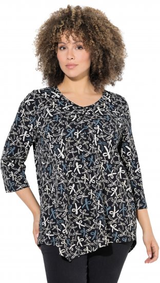Ulla Popken Ribbon Print 3/4 Sleeve Asymmetric Tee Black - Печатни тениски за жени - 