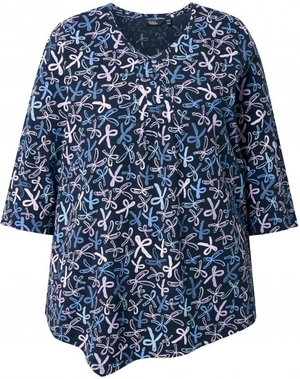 Ulla Popken Ribbon Print 3/4 Sleeve Asymmetric Tee Navy - Печатни тениски за жени - 