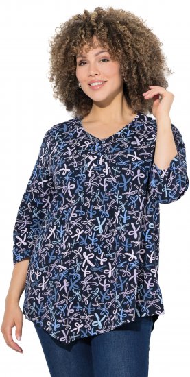 Ulla Popken Ribbon Print 3/4 Sleeve Asymmetric Tee Navy - Печатни тениски за жени - 