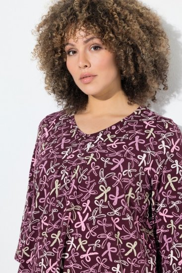 Ulla Popken Ribbon Print 3/4 Sleeve Asymmetric Tee Plum - Печатни тениски за жени - Дамски тениски с щампи