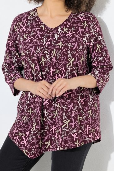 Ulla Popken Ribbon Print 3/4 Sleeve Asymmetric Tee Plum - Печатни тениски за жени - Дамски тениски с щампи