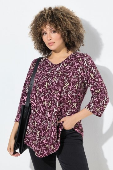 Ulla Popken Ribbon Print 3/4 Sleeve Asymmetric Tee Plum - Печатни тениски за жени - Дамски тениски с щампи