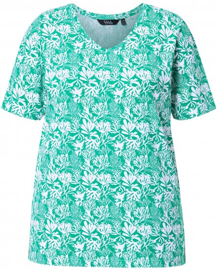 Ulla Popken Coral Reef Printed Short Sleeve V-Neck Tee Emerald - Печатни тениски за жени - 