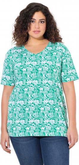 Ulla Popken Coral Reef Printed Short Sleeve V-Neck Tee Emerald - Печатни тениски за жени - 