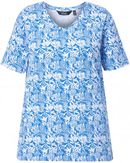 Ulla Popken Coral Reef Printed Short Sleeve V-Neck Tee Teal Blue - Печатни тениски за жени - 