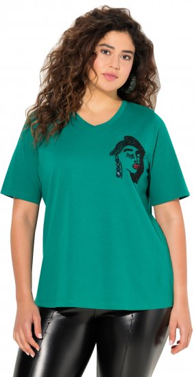 Ulla Popken Embroidered Face Motif Short Sleeve V-Neck Tee Emerald Green - Печатни тениски за жени - 