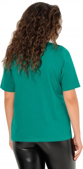 Ulla Popken Embroidered Face Motif Short Sleeve V-Neck Tee Emerald Green - Печатни тениски за жени - 