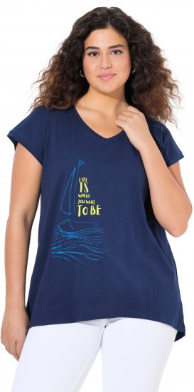 Ulla Popken Half-Sleeve A-line V-Neck Boat Pattern T-Shirt Ink Blue - Печатни тениски за жени - 