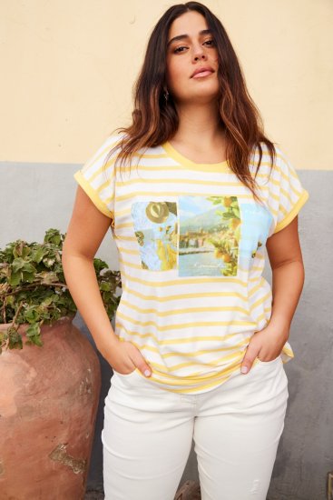 Ulla Popken Striped Short Sleeve Citrus Graphic Tee Sun Yellow - Печатни тениски за жени - 