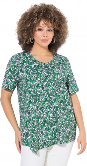 Ulla Popken Floral Pointed Hem Short Sleeve Tee Green - Печатни тениски за жени - 