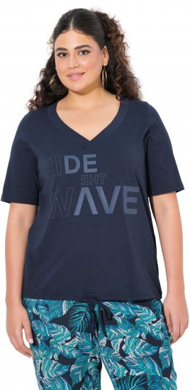 Ulla Popken Ride The Wave Short Sleeve V-Neck Graphic Tee Navy Blue - Печатни тениски за жени - 