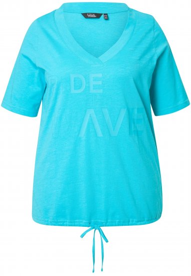 Ulla Popken Ride The Wave Short Sleeve V-Neck Graphic Tee Deep Aqua - Печатни тениски за жени - 