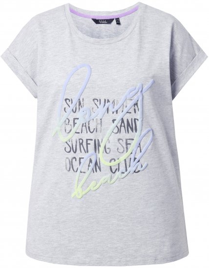 Ulla Popken Long Beach Lettering Cap Sleeve Tee Light Grey Melange - Печатни тениски за жени - 