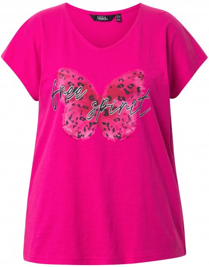Ulla Popken Free Spirit Butterfly Cap Sleeve Graphic Tee Magenta Pink - Печатни тениски за жени - 