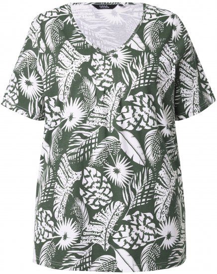 Ulla Popken Feather Print Short Sleeve V-Neck Tee Olive Grey - Печатни тениски за жени - 