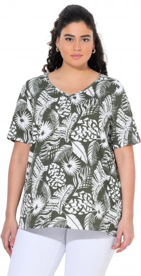 Ulla Popken Feather Print Short Sleeve V-Neck Tee Olive Grey - Печатни тениски за жени - 
