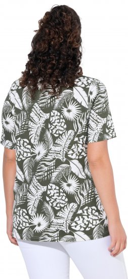 Ulla Popken Feather Print Short Sleeve V-Neck Tee Olive Grey - Печатни тениски за жени - 