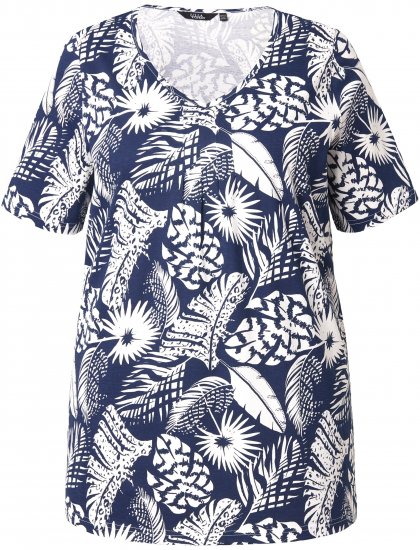 Ulla Popken Feather Print Short Sleeve V-Neck Tee Ink Blue - Печатни тениски за жени - 