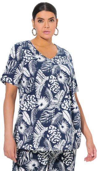 Ulla Popken Feather Print Short Sleeve V-Neck Tee Ink Blue - Печатни тениски за жени - 