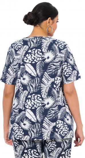 Ulla Popken Feather Print Short Sleeve V-Neck Tee Ink Blue - Печатни тениски за жени - 