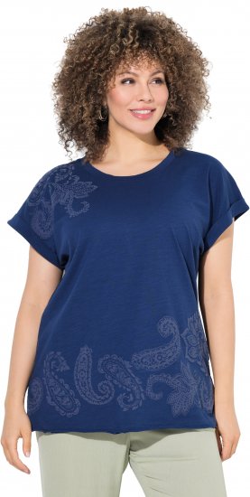 Ulla Popken Textured Paisley Motif Cap Sleeve Tee Navy - Печатни тениски за жени - 