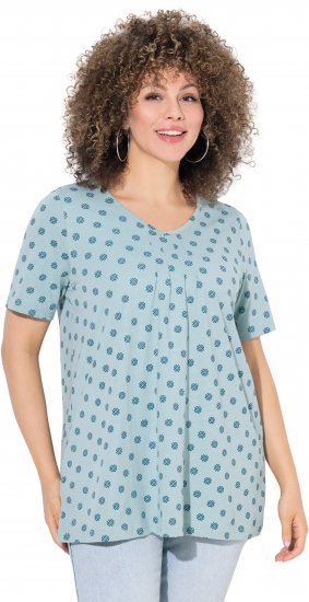 Ulla Popken Tile Print Short Sleeve Pleated Tee Light Moss Green - Печатни тениски за жени - 