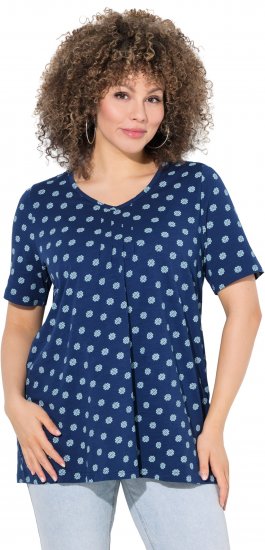 Ulla Popken Tile Print Short Sleeve Pleated Tee Dark Blue - Печатни тениски за жени - 