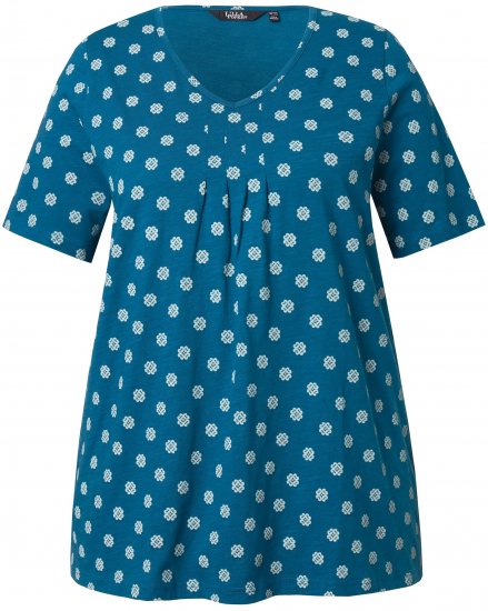 Ulla Popken Tile Print Short Sleeve Pleated Tee Teal - Печатни тениски за жени - 