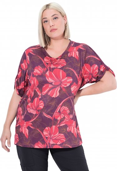Ulla Popken Quick Drying Flower Print Short Sleeve Tee Dark Cherry - Печатни тениски за жени - 
